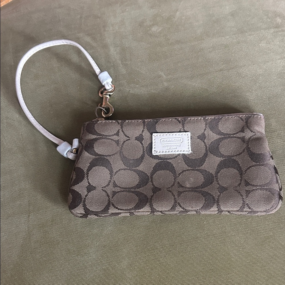 Coach Brown Signature Canvas Wristlet with Light Cream Strap